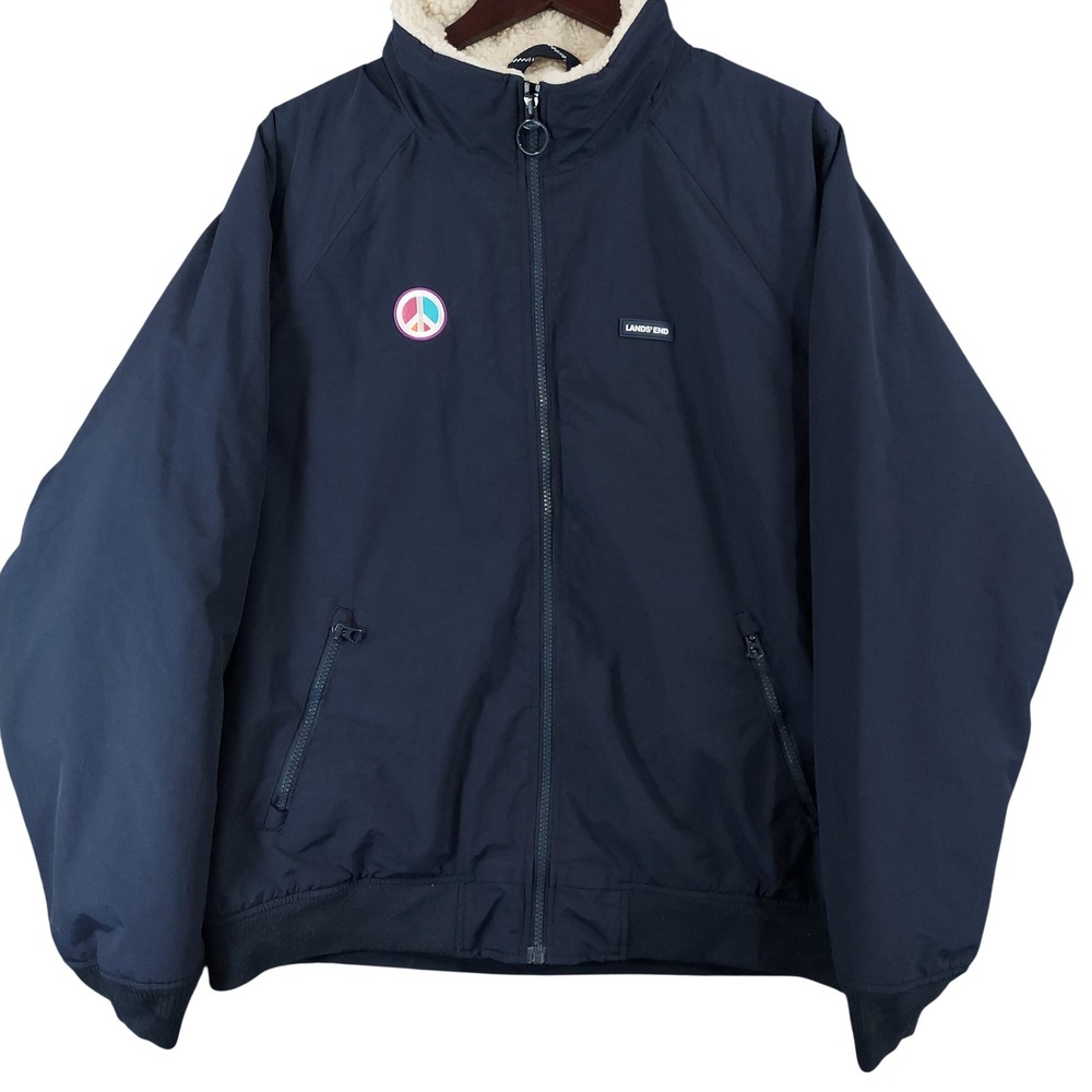 Lands' End Squall Jacket Men L Navy Blue Sherpa Lined Peace Sign Patch Bomber